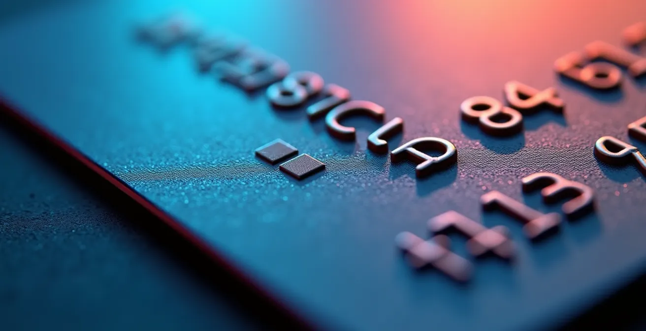 Vue macro d'une carte de paiement montrant les textures et reliefs sans texte visible