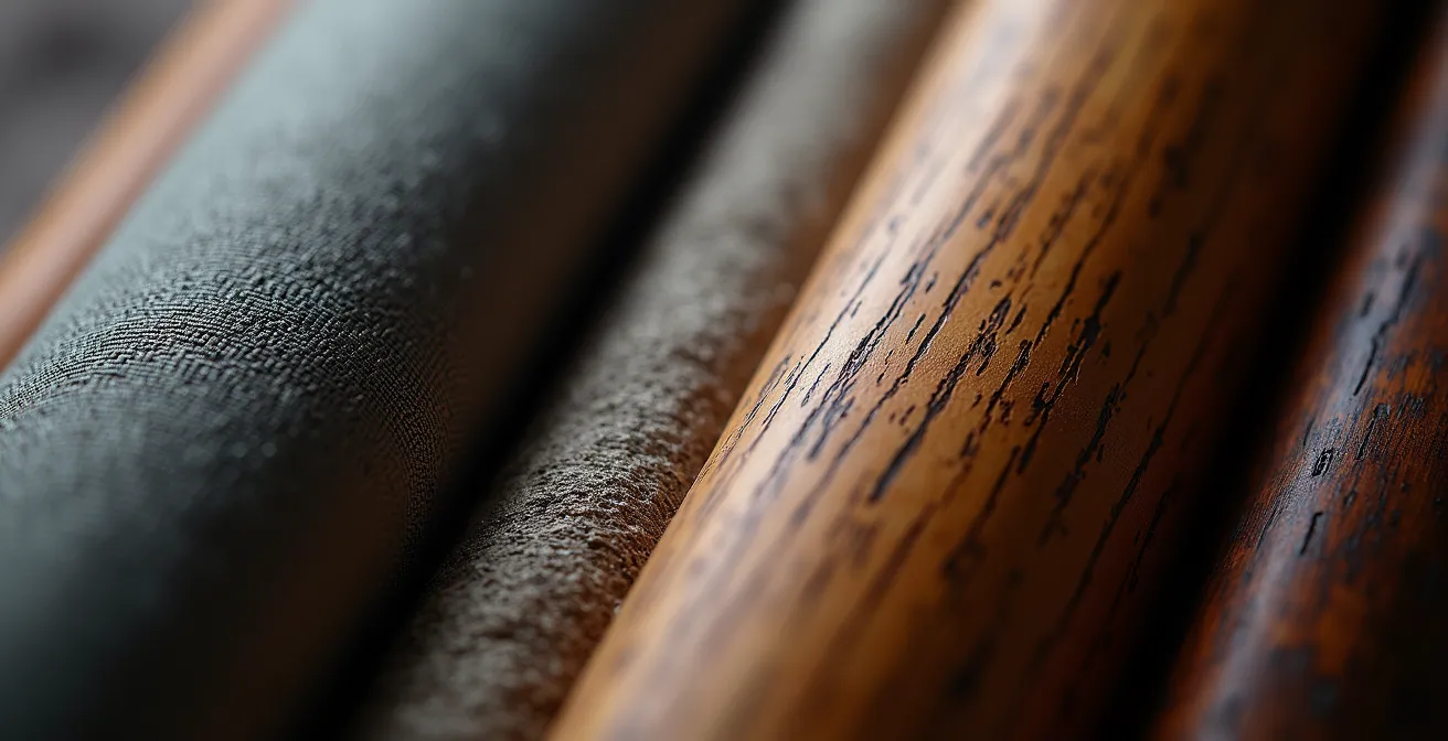 Macro sur textures de matériaux nobles évoquant la qualité commerciale