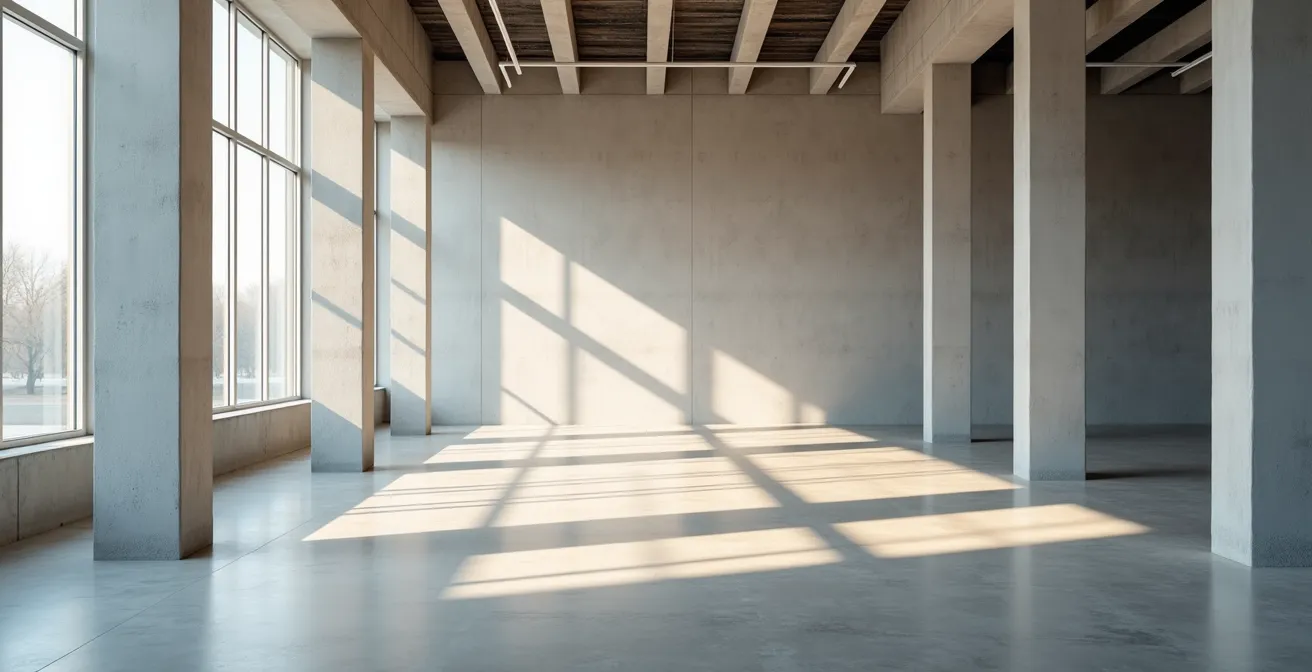 Vue architecturale épurée d'un espace commercial moderne avec jeu d'ombres
