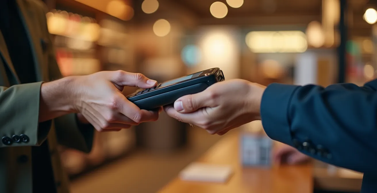 Gros plan sur deux mains échangeant un terminal de paiement moderne dans un environnement commercial