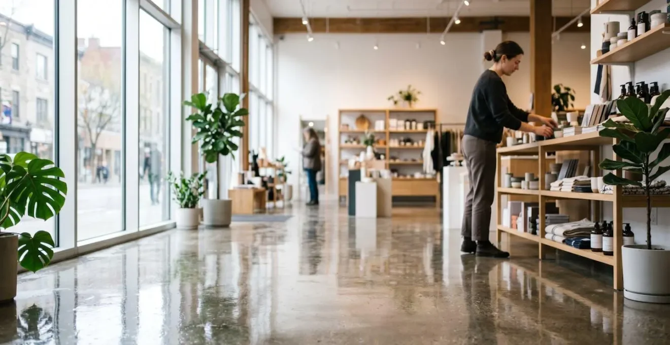 Intérieur d'un local commercial québécois propre avec sol brillant après nettoyage, employée visible en arrière-plan rangeant des produits sur des étagères