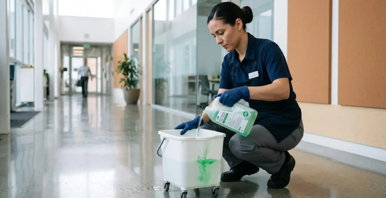 Technicien d'entretien ménager commercial versant un produit de nettoyage biodégradable dans un seau, dans un local commercial lumineux