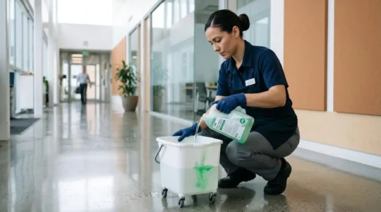 Technicien d'entretien ménager commercial versant un produit de nettoyage biodégradable dans un seau, dans un local commercial lumineux